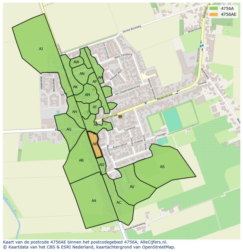 Afbeelding van het postcodegebied 4756 AE op de kaart.