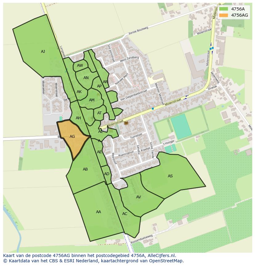 Afbeelding van het postcodegebied 4756 AG op de kaart.