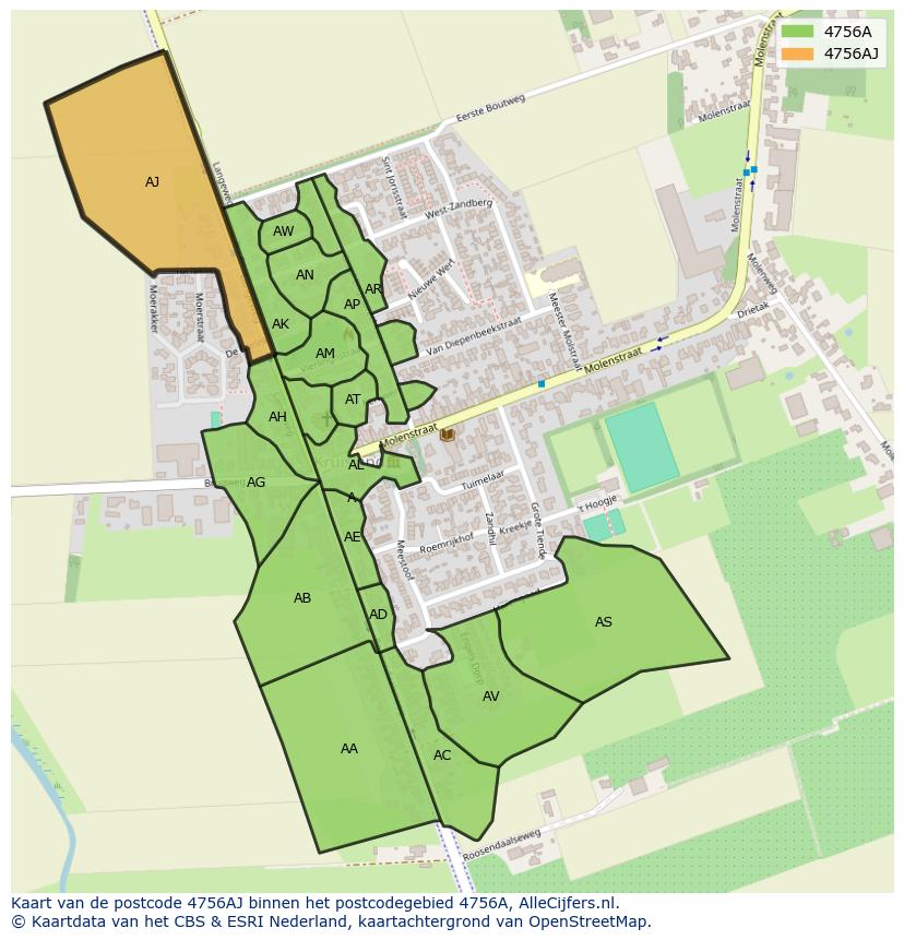 Afbeelding van het postcodegebied 4756 AJ op de kaart.