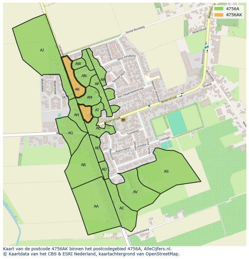 Afbeelding van het postcodegebied 4756 AK op de kaart.