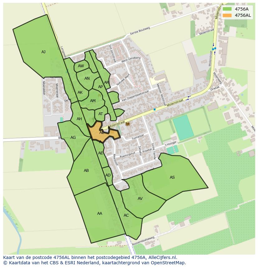 Afbeelding van het postcodegebied 4756 AL op de kaart.