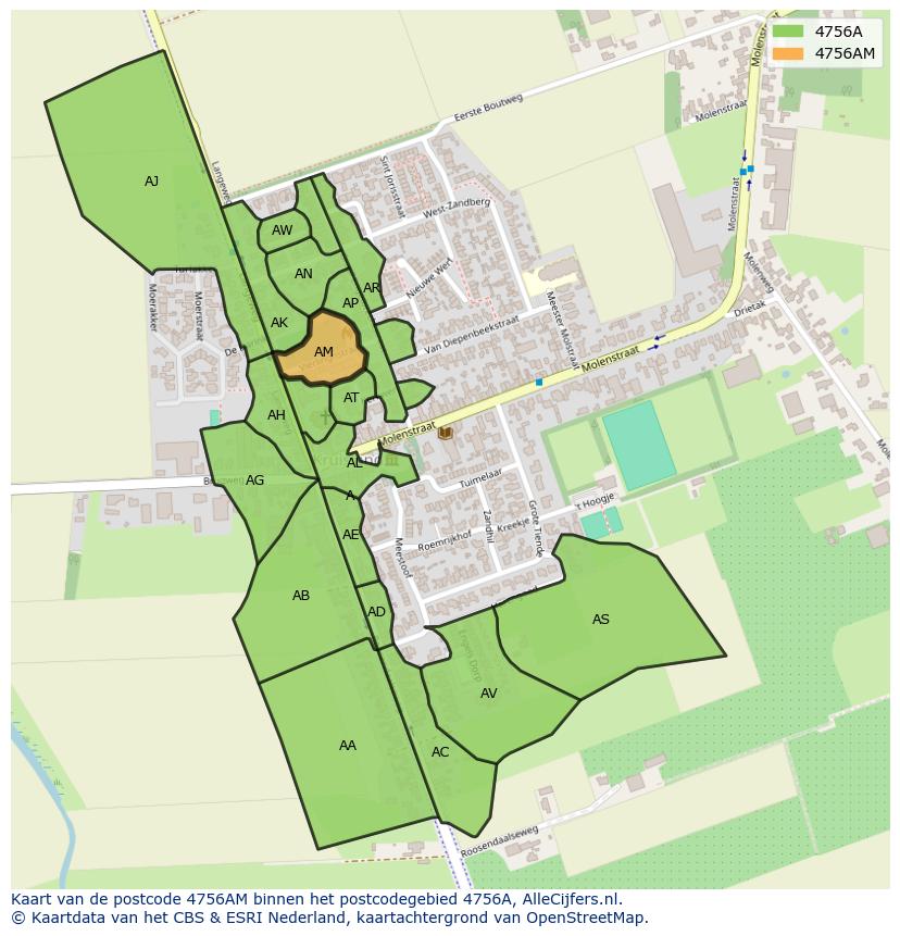 Afbeelding van het postcodegebied 4756 AM op de kaart.