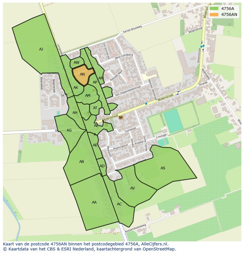 Afbeelding van het postcodegebied 4756 AN op de kaart.