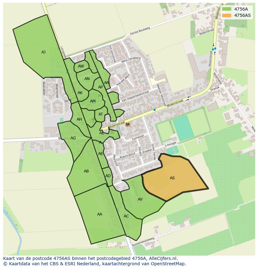 Afbeelding van het postcodegebied 4756 AS op de kaart.
