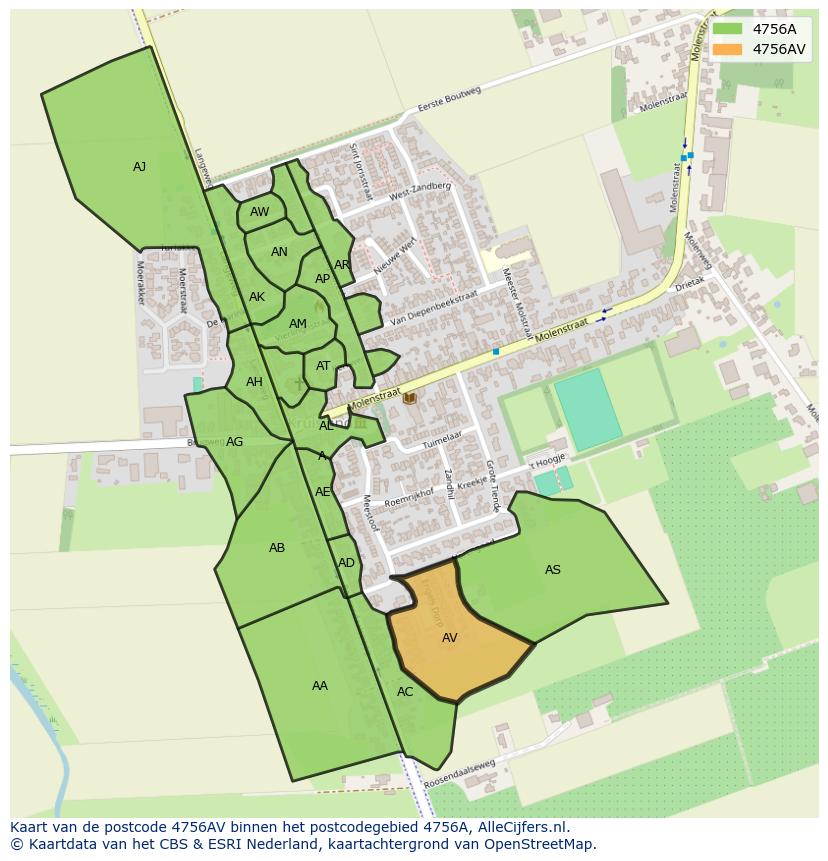 Afbeelding van het postcodegebied 4756 AV op de kaart.