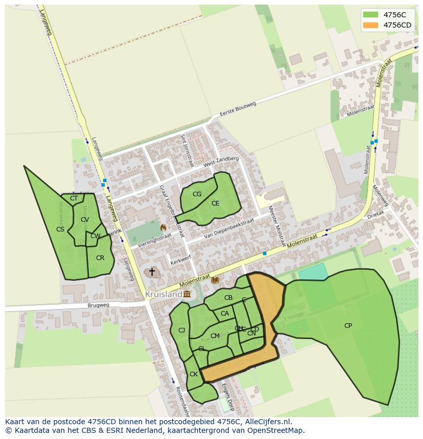 Afbeelding van het postcodegebied 4756 CD op de kaart.