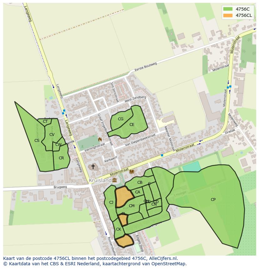 Afbeelding van het postcodegebied 4756 CL op de kaart.