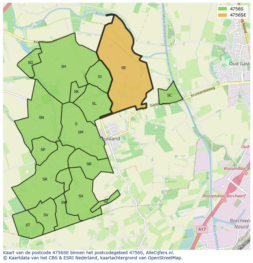 Afbeelding van het postcodegebied 4756 SE op de kaart.