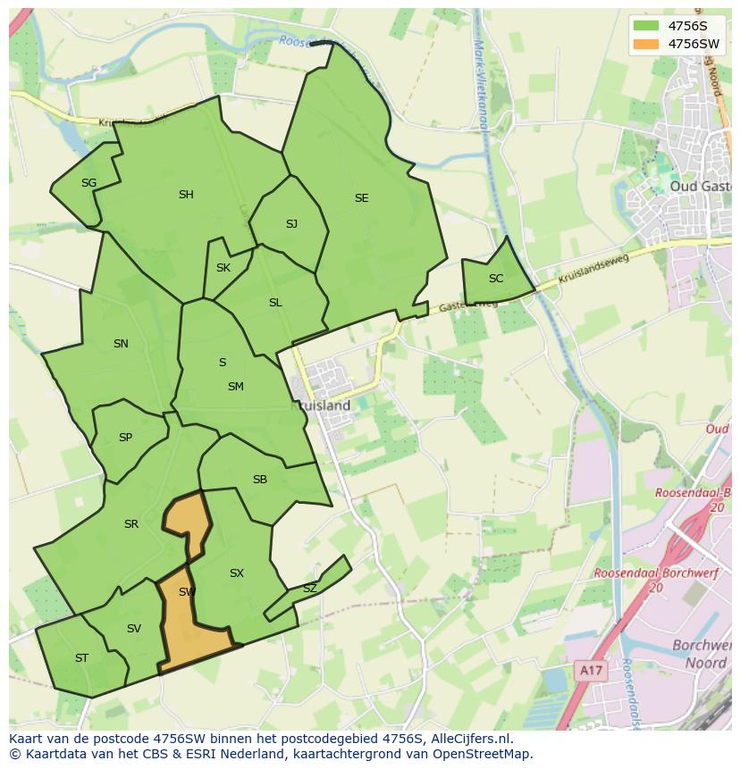 Afbeelding van het postcodegebied 4756 SW op de kaart.