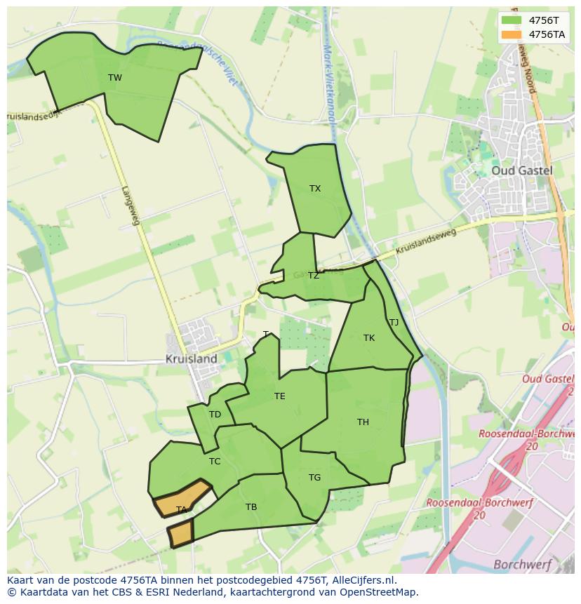 Afbeelding van het postcodegebied 4756 TA op de kaart.