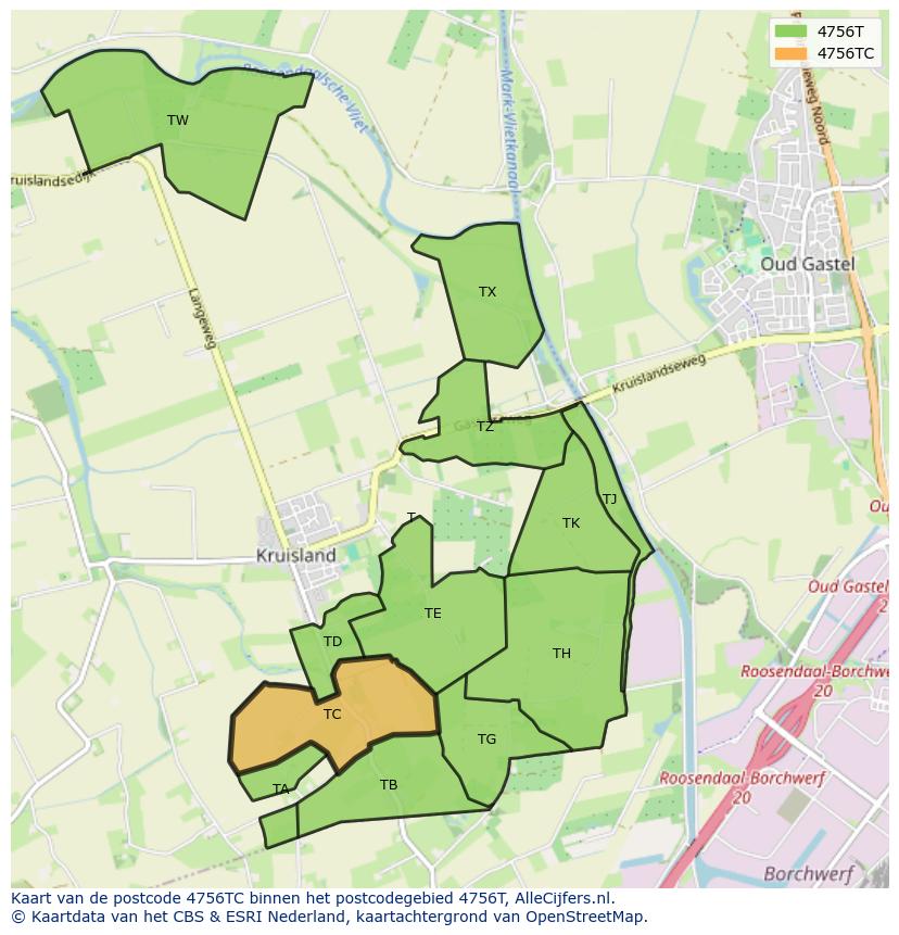 Afbeelding van het postcodegebied 4756 TC op de kaart.