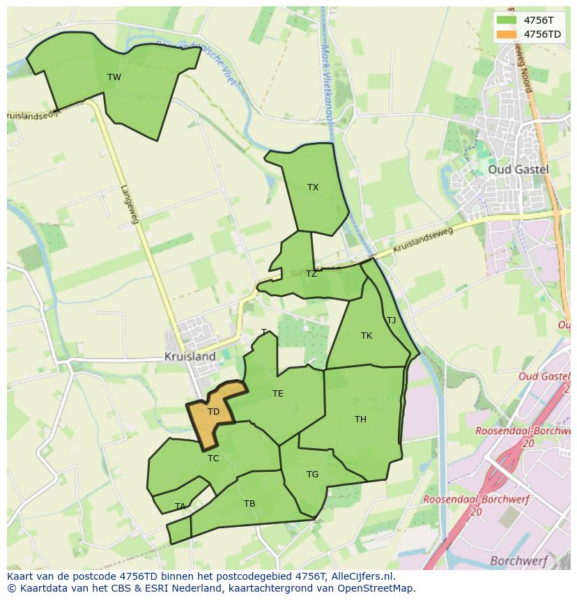 Afbeelding van het postcodegebied 4756 TD op de kaart.