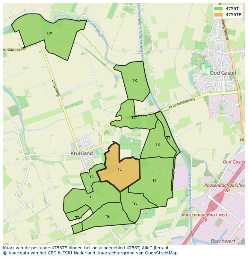 Afbeelding van het postcodegebied 4756 TE op de kaart.