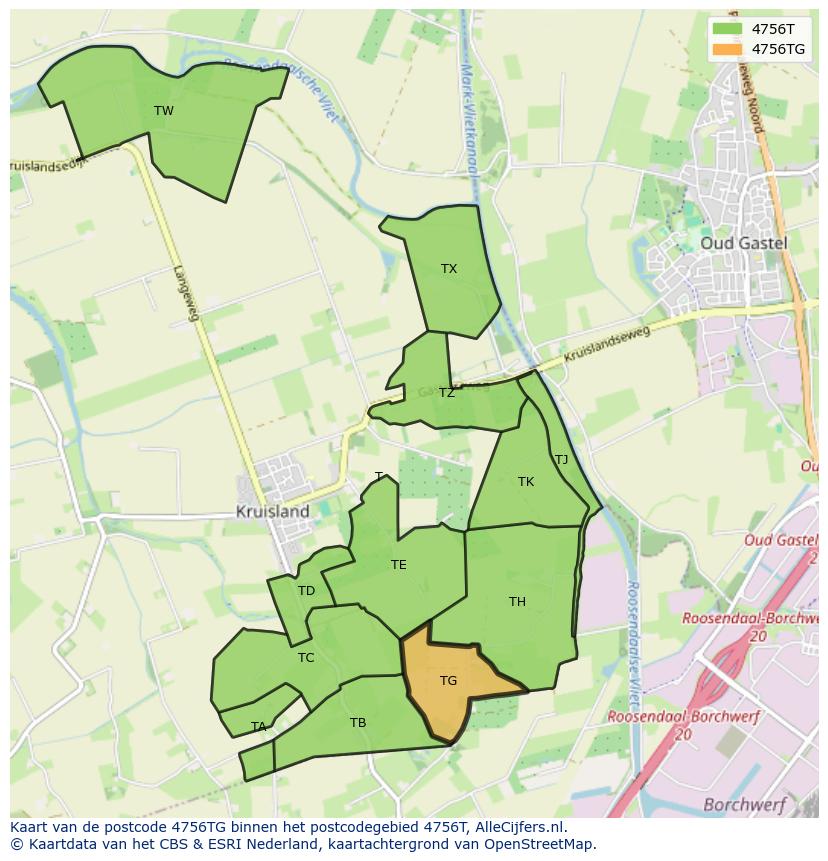 Afbeelding van het postcodegebied 4756 TG op de kaart.