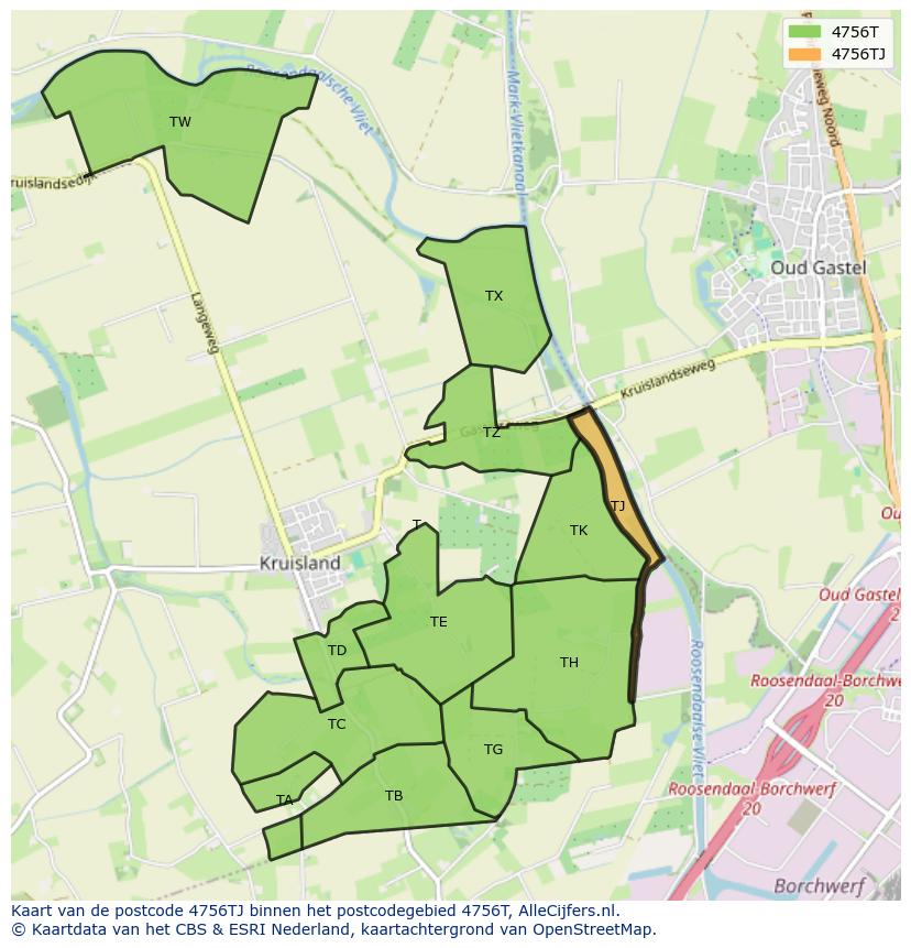 Afbeelding van het postcodegebied 4756 TJ op de kaart.
