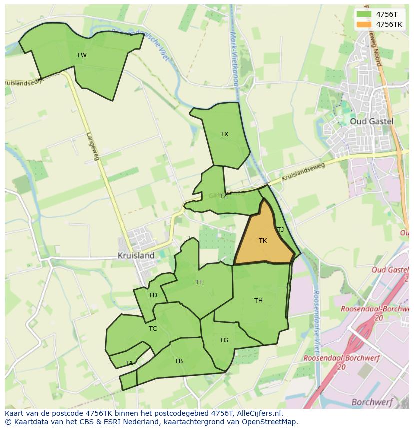 Afbeelding van het postcodegebied 4756 TK op de kaart.