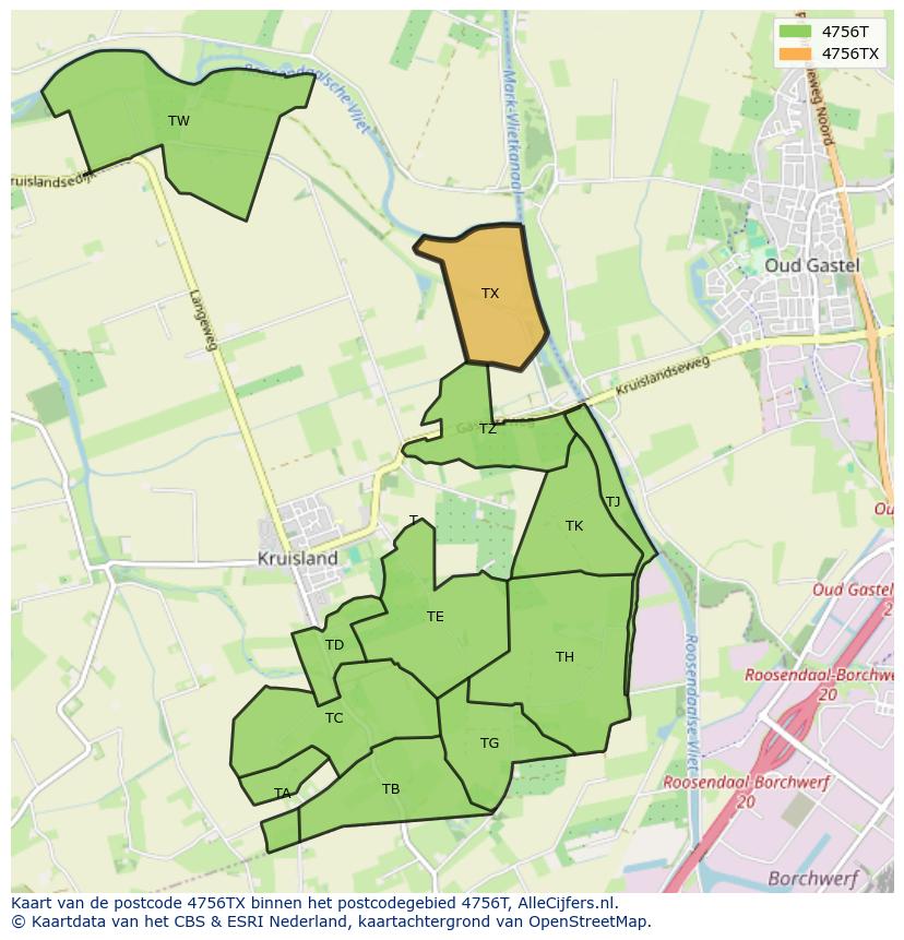 Afbeelding van het postcodegebied 4756 TX op de kaart.