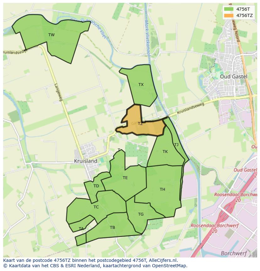Afbeelding van het postcodegebied 4756 TZ op de kaart.