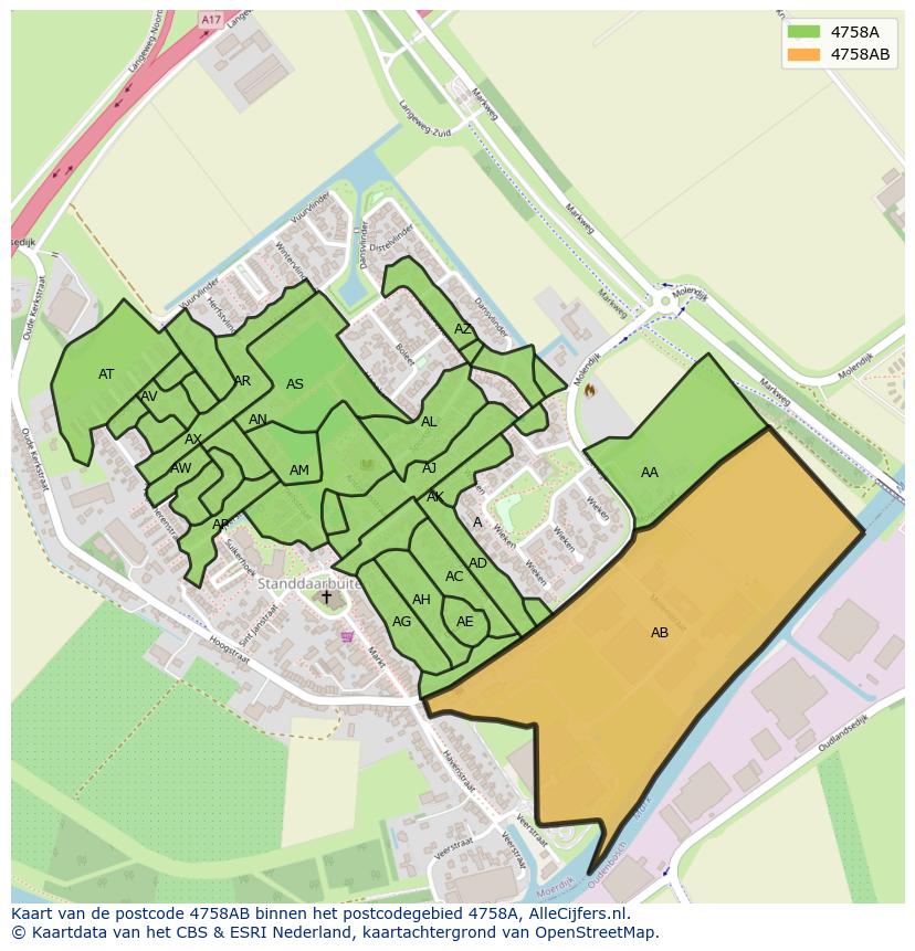 Afbeelding van het postcodegebied 4758 AB op de kaart.