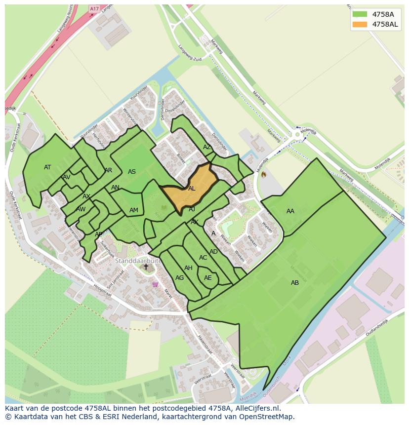 Afbeelding van het postcodegebied 4758 AL op de kaart.