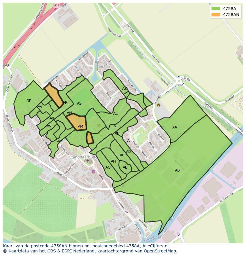 Afbeelding van het postcodegebied 4758 AN op de kaart.