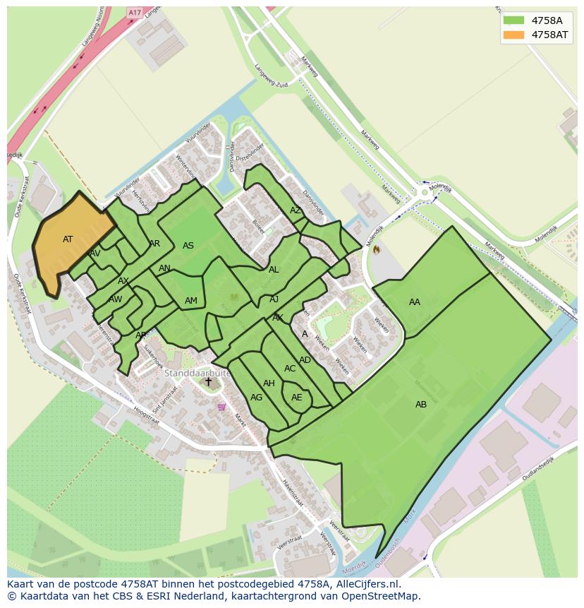 Afbeelding van het postcodegebied 4758 AT op de kaart.