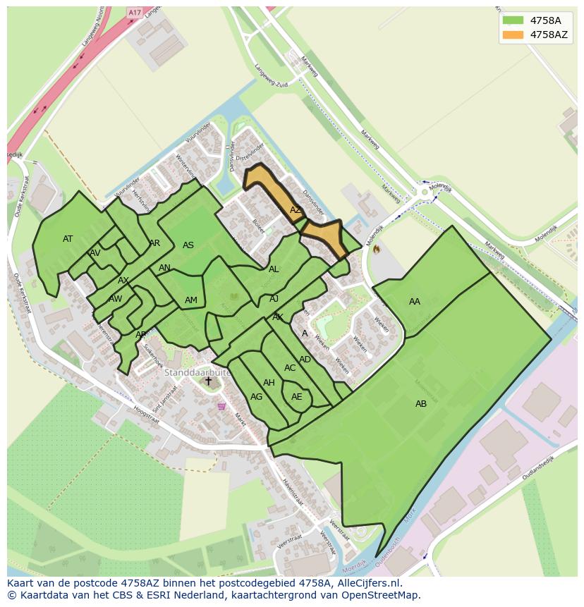 Afbeelding van het postcodegebied 4758 AZ op de kaart.