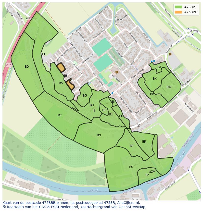 Afbeelding van het postcodegebied 4758 BB op de kaart.
