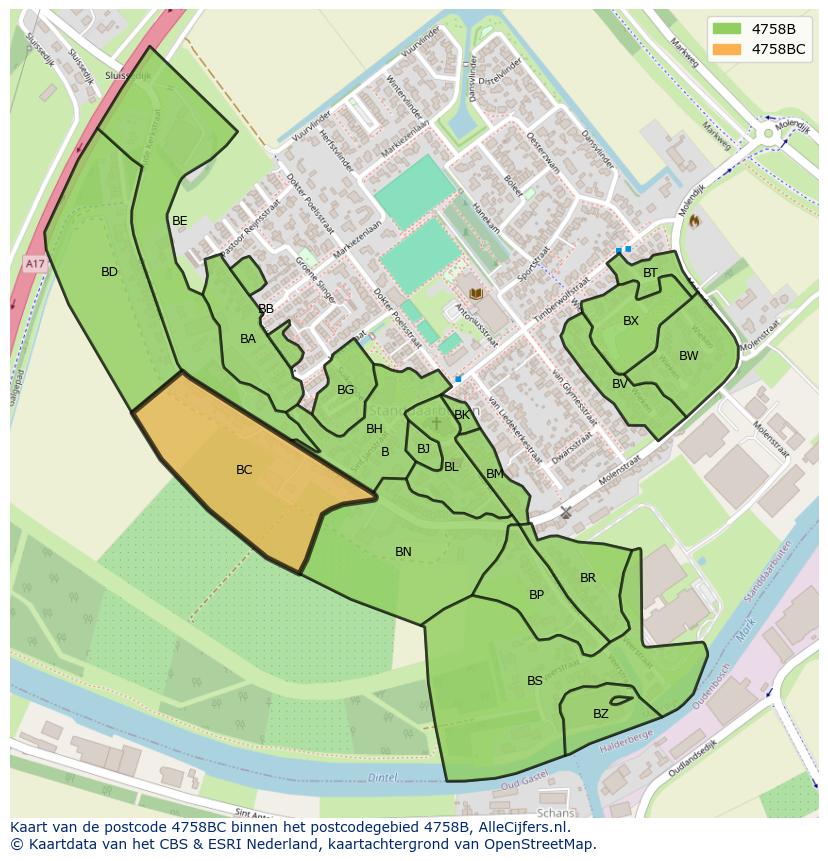 Afbeelding van het postcodegebied 4758 BC op de kaart.