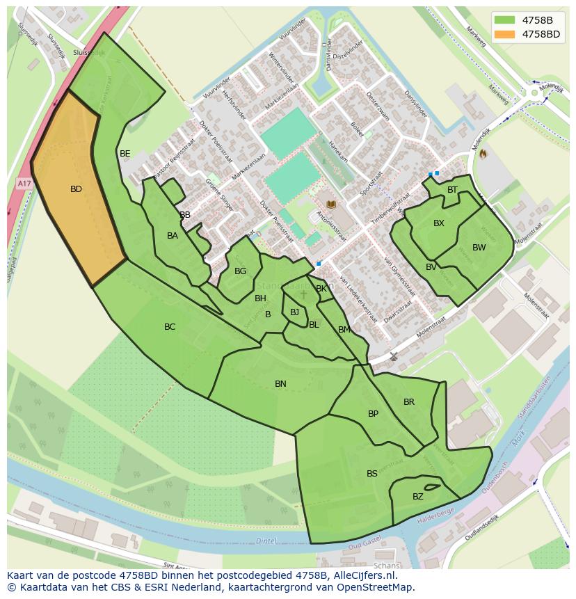 Afbeelding van het postcodegebied 4758 BD op de kaart.