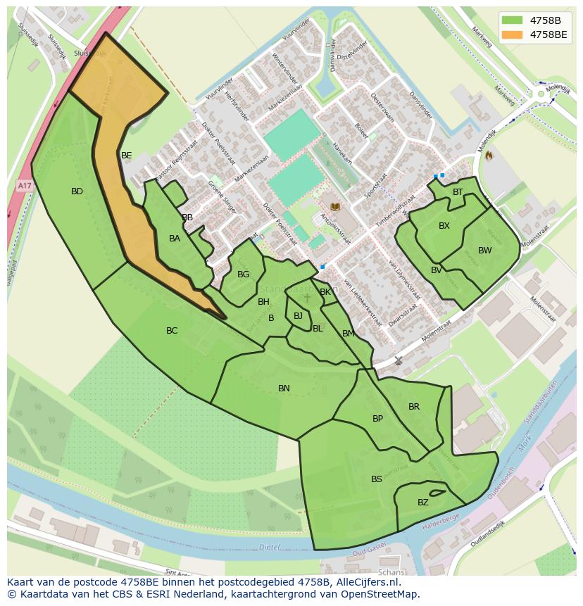 Afbeelding van het postcodegebied 4758 BE op de kaart.