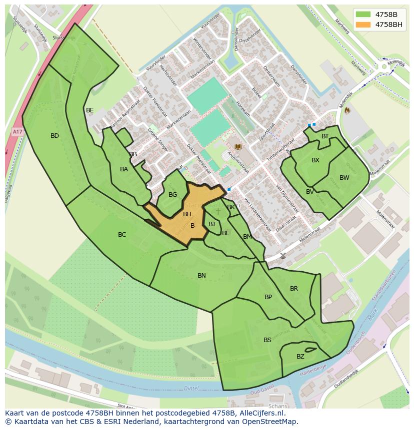 Afbeelding van het postcodegebied 4758 BH op de kaart.