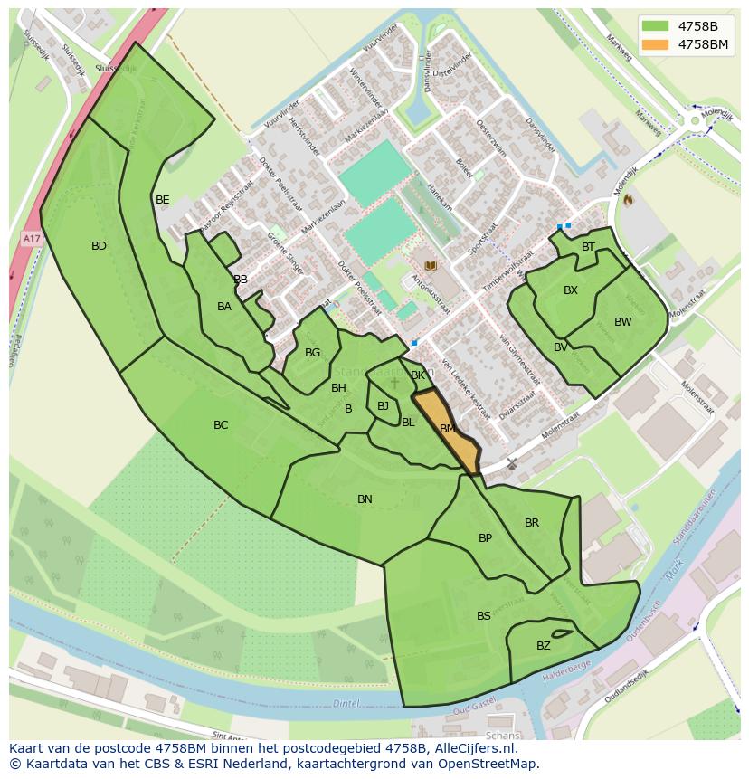 Afbeelding van het postcodegebied 4758 BM op de kaart.