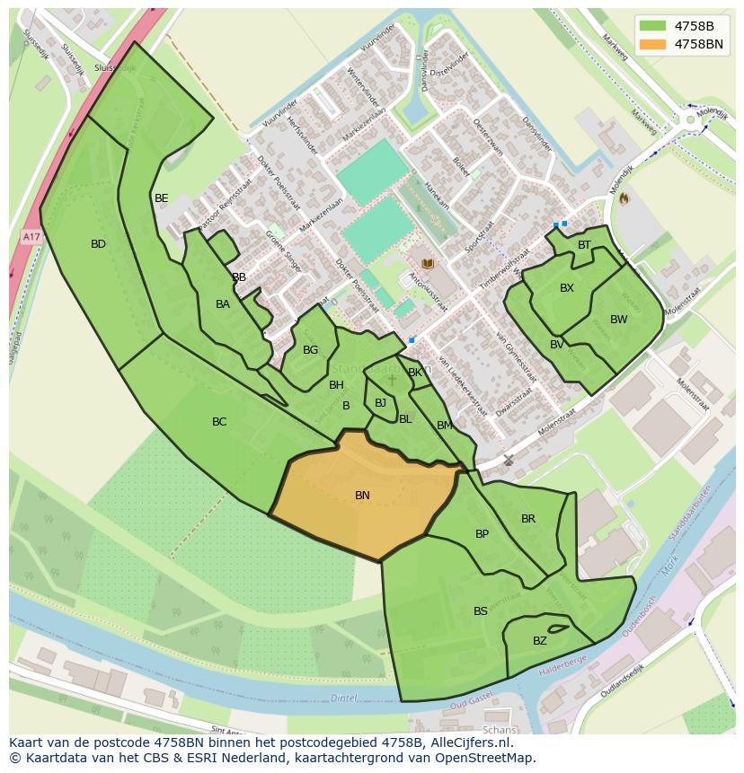Afbeelding van het postcodegebied 4758 BN op de kaart.