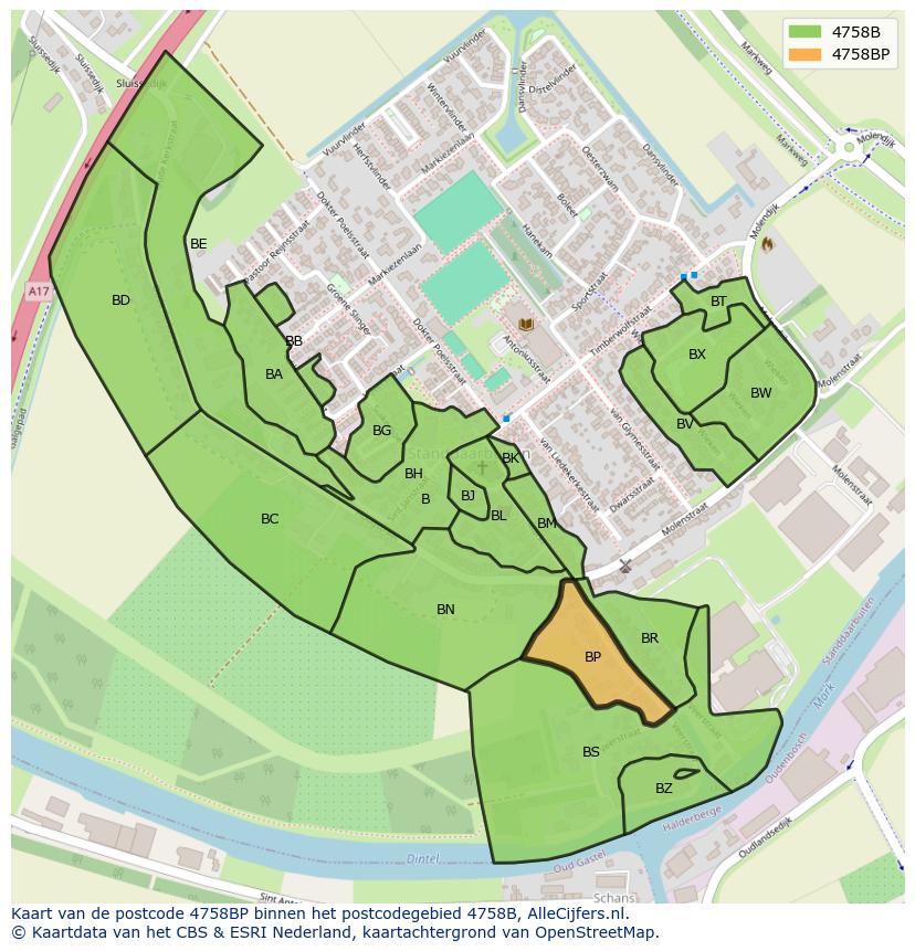 Afbeelding van het postcodegebied 4758 BP op de kaart.