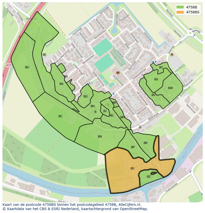 Afbeelding van het postcodegebied 4758 BS op de kaart.