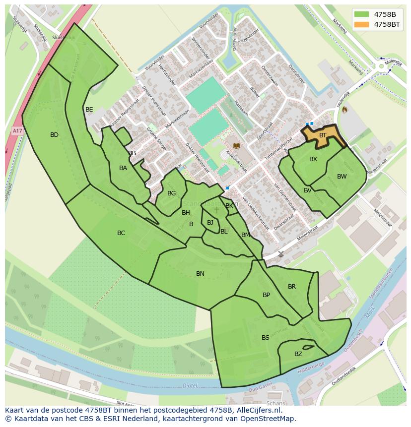 Afbeelding van het postcodegebied 4758 BT op de kaart.
