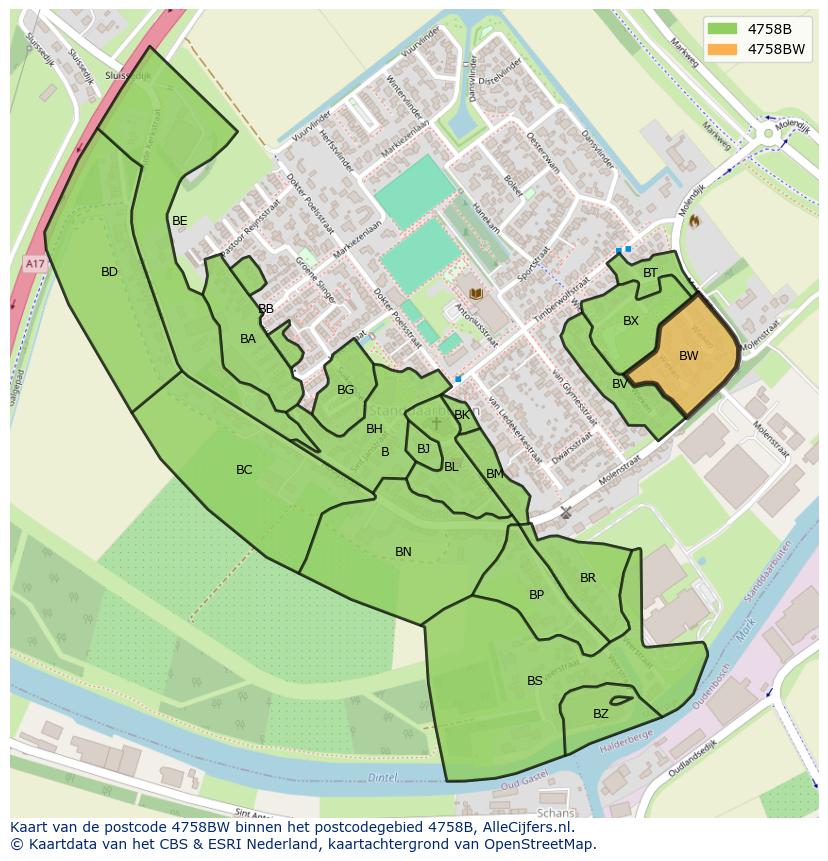 Afbeelding van het postcodegebied 4758 BW op de kaart.