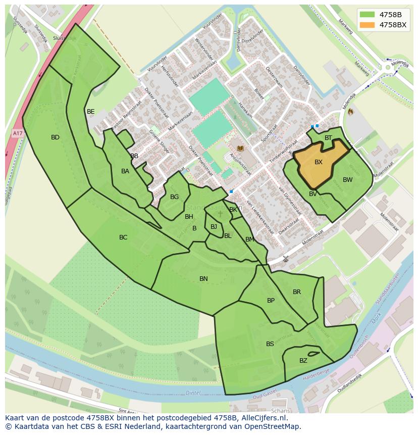 Afbeelding van het postcodegebied 4758 BX op de kaart.