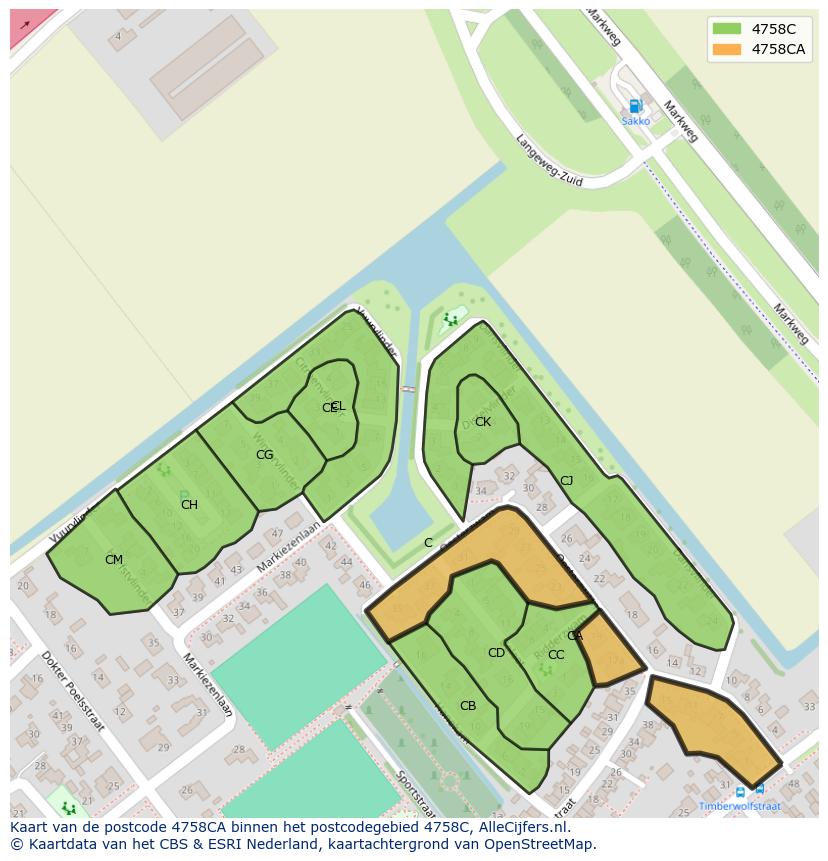 Afbeelding van het postcodegebied 4758 CA op de kaart.