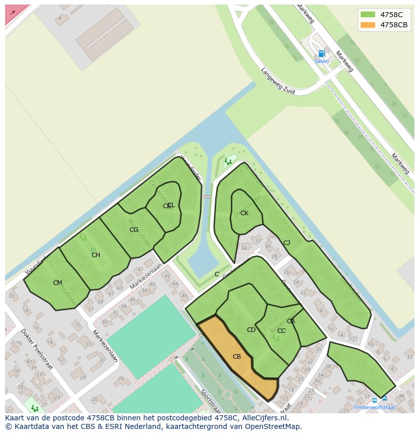 Afbeelding van het postcodegebied 4758 CB op de kaart.