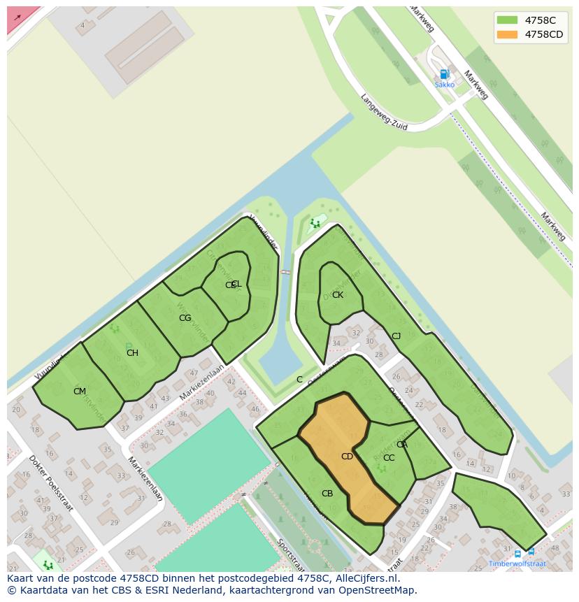 Afbeelding van het postcodegebied 4758 CD op de kaart.
