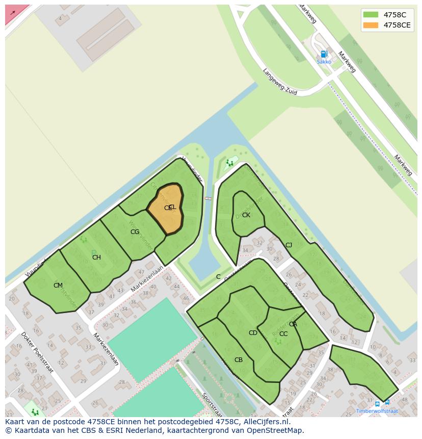 Afbeelding van het postcodegebied 4758 CE op de kaart.