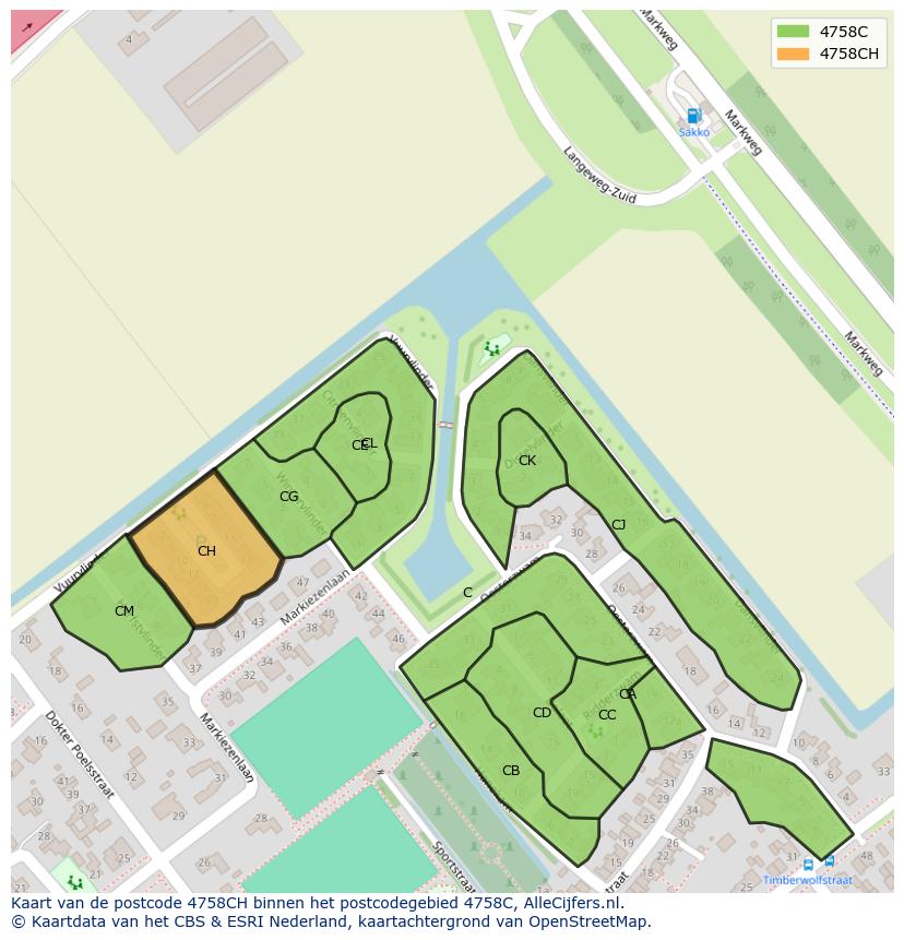 Afbeelding van het postcodegebied 4758 CH op de kaart.