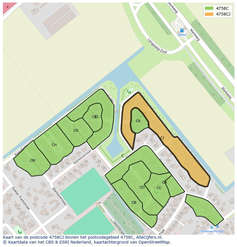 Afbeelding van het postcodegebied 4758 CJ op de kaart.