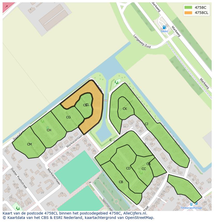 Afbeelding van het postcodegebied 4758 CL op de kaart.