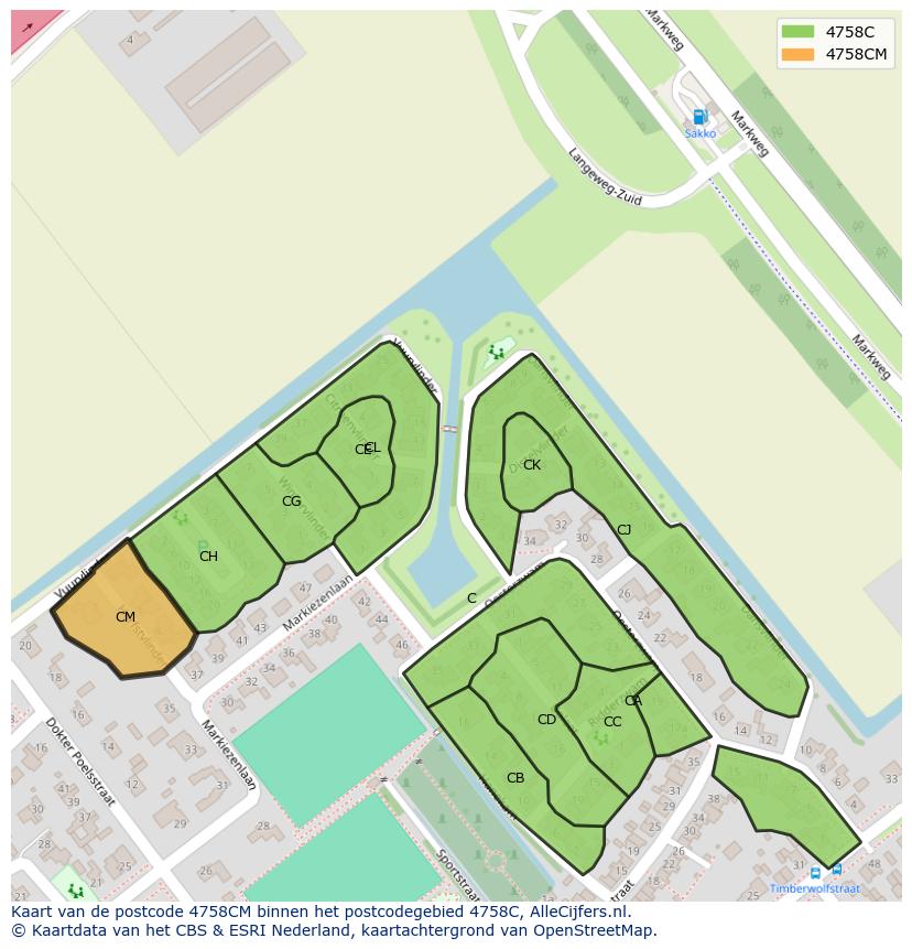 Afbeelding van het postcodegebied 4758 CM op de kaart.