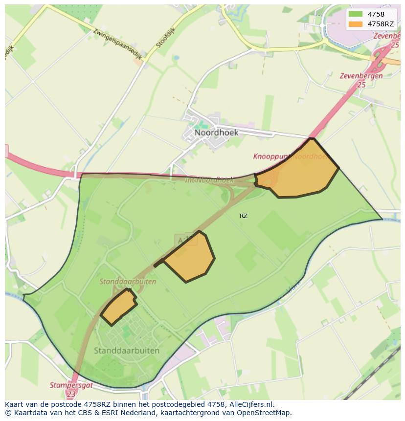 Afbeelding van het postcodegebied 4758 RZ op de kaart.