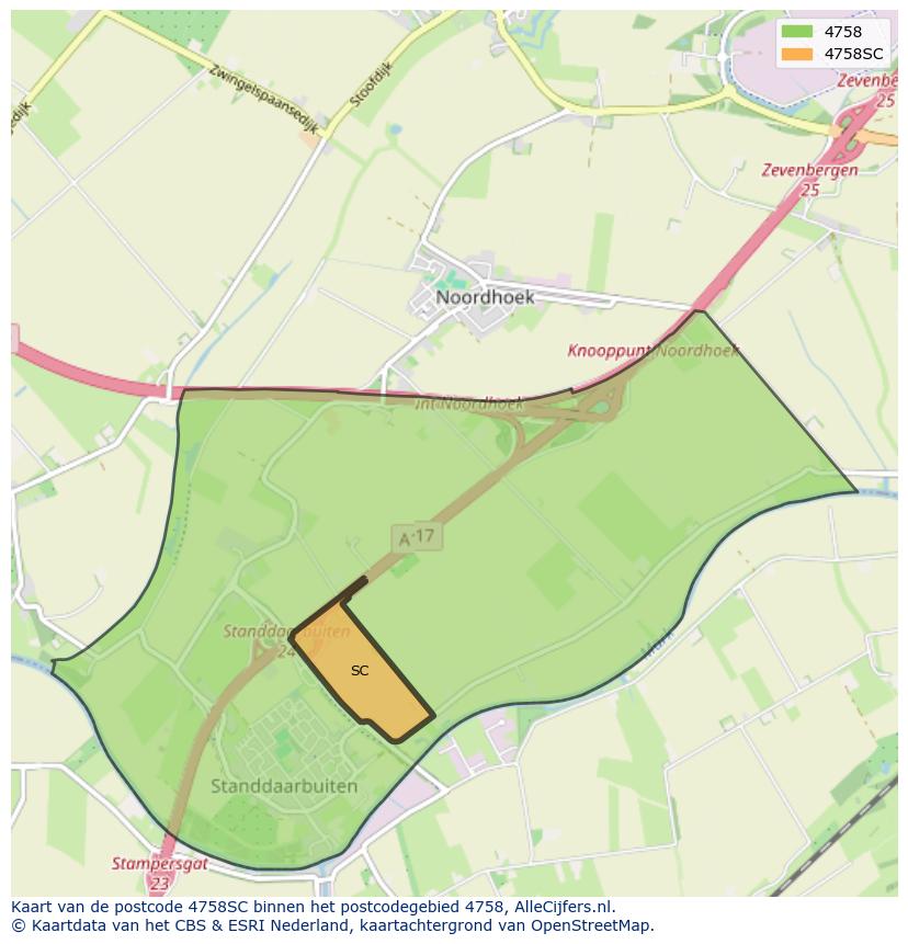 Afbeelding van het postcodegebied 4758 SC op de kaart.