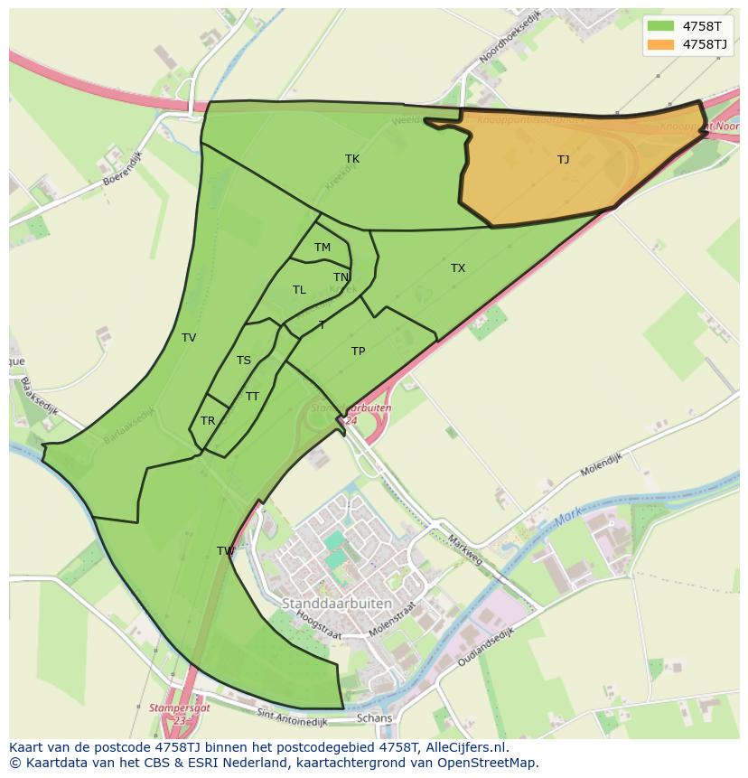 Afbeelding van het postcodegebied 4758 TJ op de kaart.